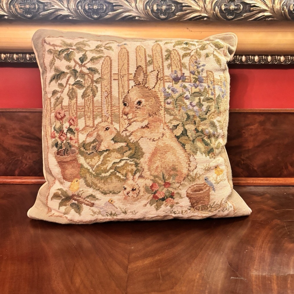 Vintage Needlepoint Bunny Rabbit Pillow 15x15 Garden Cottage Floral Handmade